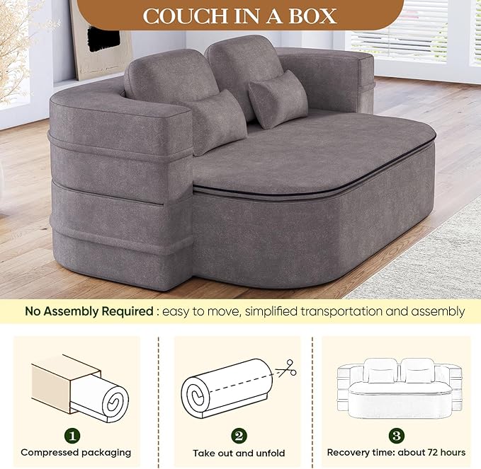 Antetek Convertible Sleeper Sofa, Modern Folding Futon Chenille Floor Foam Compression Loveseat Sofa Bed Couch, Foldable Full Size Guest Bed with 4 Pillows for Living Room Bedroom Apartment, Grey