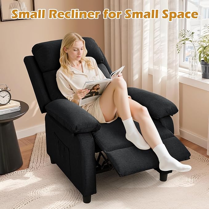Recliner Chair, Living Room Chairs for Adults, Padded Deep Seat Reading Chair with Side Pockets, Small Recliners for Small Spaces, Lounge Chair for Living Room, Bedroom, and RV (Linen)