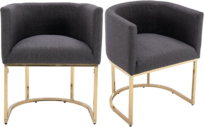 VESCASA Linen Upholstered Dining Chairs with Barrel Back, Mid Century Modern Padded Restaurant Chairs with Gold Metal Frame for Kitchen, Dining Room, Set of 2, Charcoal