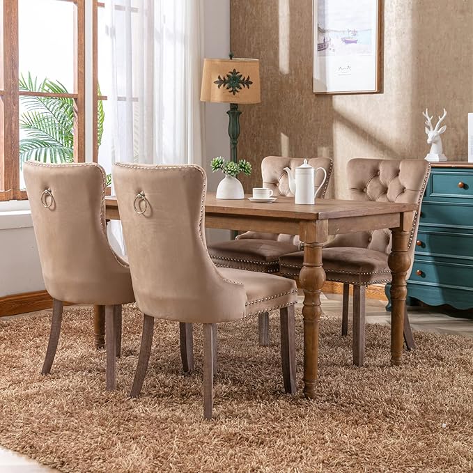 YeahFurn Espresso Brown Mid Century Modern Dining Chairs Set of 4, Velvet Upholstered Kitchen & Dining Room Chairs with Nailhead Trim & Solid Wood Legs, Elegant Sillas De Comedor (Coffee, 4 Pcs)