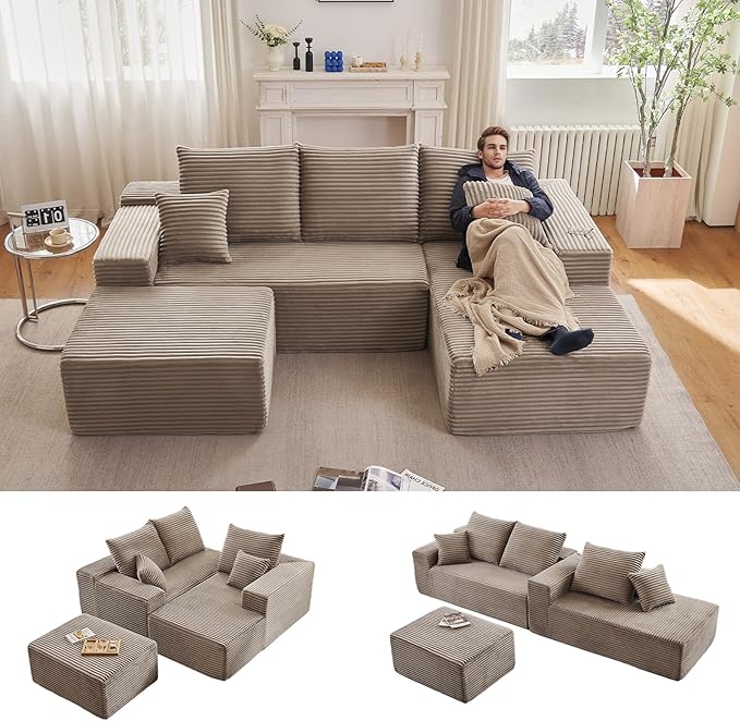107" W Cloud Sectional Couch with Ottoman,Modern U-Shaped Cloud Couch with Deep Seat,Comfy Corduroy 3-Seater Sofa,Memory Foam Sofa for Living Room,No Assembly (Camel,Right-Facing Chaise)