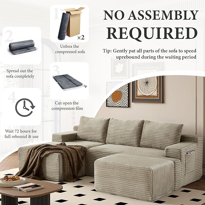 96" Sectional Couches for Living Room Cloud Couch Sofa with L-Shape Upholstered Boneless Couchs Modern Modular Sectional Couch with Chaise (Camel, 96" W+Left Facing Chaise+2Seaters+Ottoman)