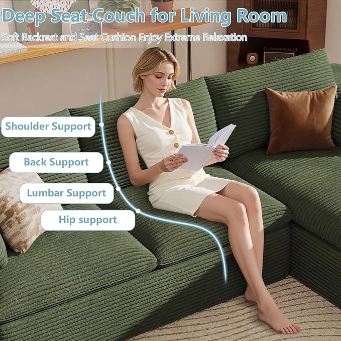 136" Cloud Sectional Couch with L-Shape Chaise, Modern Corduroy Viral Boneless Sofa for Living Room,Memory Foam Couches in a Box with Deep Seat,No Assembly Required (Green,Right-Facing Chaise)