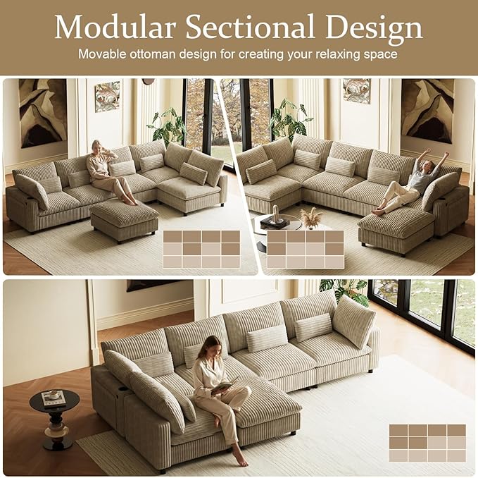 130" W x 67" D U Shape Sectional Sofa with USB Charging & Cup Holder & Storage, 6 Seater Plush Corduroy Couches with Movable Ottoman, Cloud Couch Sofas for Living Room, DIY Combination - Light Camel