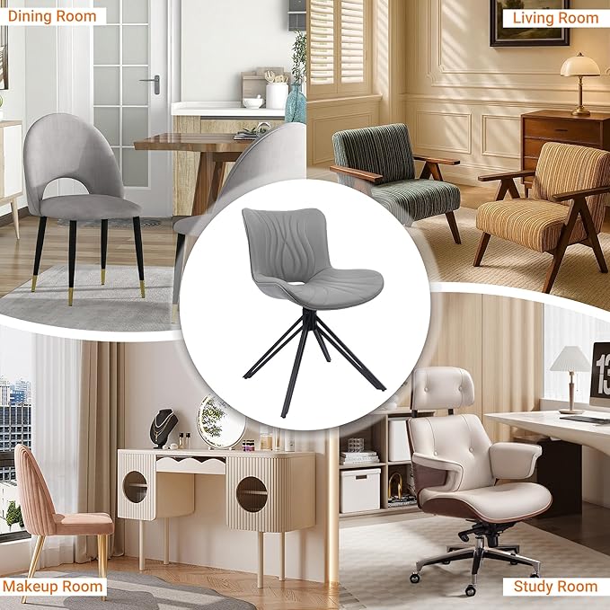 VATROS Dining Chairs Set of 2, 360° Swivel Upholstered Mid-Century Modern Kitchen Dining Room Chairs, Armless Faux Leather Accent Side Chair with Padded Back, Metal Legs for Living Room Bedrooms,Grey