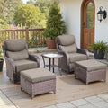 Belord Luxury 6" Thick Cushioned 5 Pieces Patio Furniture Set with 2 Ottomans, Wicker Outdoor Conversation Set with High Back Swivel Rocker Patio Chairs for Deck Porch Yard and Poolside - Brown+Grey