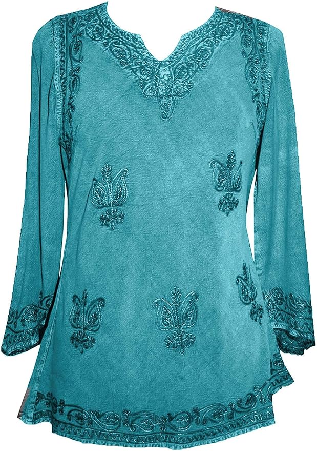 Agan Traders 2025 Winter Long Sleeve Diamond Neck Embroidered Tops - Medieval Boho Vintage Tunic Kurta Blouses for Women