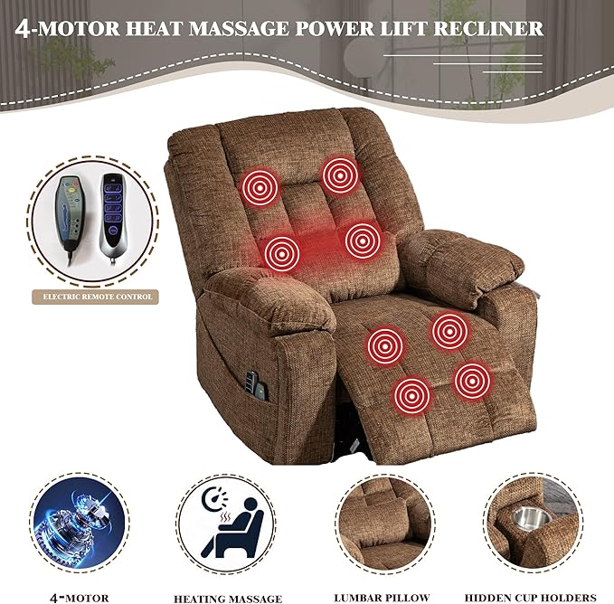 27in Extra Wide Recliner Chair for Big Man 400lbs, 4-Motor Power Lift Recliner Chair with Heat and Massage, Overstuffed Lay Flat Recliner with Hidden Cup Holder for Elderly, Brown