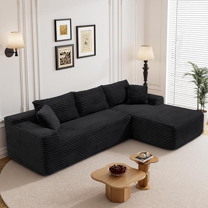 95" Boneless Cloud Sectional Couches for Living Room, Comfy Fluffy L Shaped Memory Foam Deep Seat Boneless Couch, Modular Sectional Sofa with Right Facing Chaise, Black