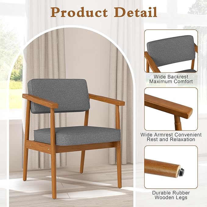 LSSPAID Mid Century Dining Chair Set of 1, Grey Fabric Upholstered with Walnut Finished Handrails Comfy Backrest, Farmhouse Dining Room Chairs for Kitchen, Living Space & Restaurant