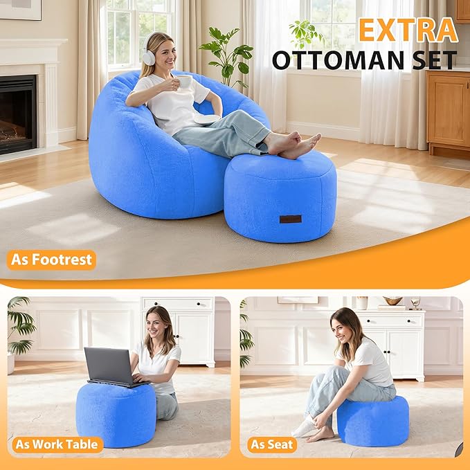 HABUTWAY Bean Bag Chair, Oversized Shell-Shaped Bean Bag Couch with Ottoman, Giant Beanbag Chair for Adults and Kids, Comfy Bean Bag Sofa & Footstool, Large Floor Sofa for Living Room Bedroom, Blue