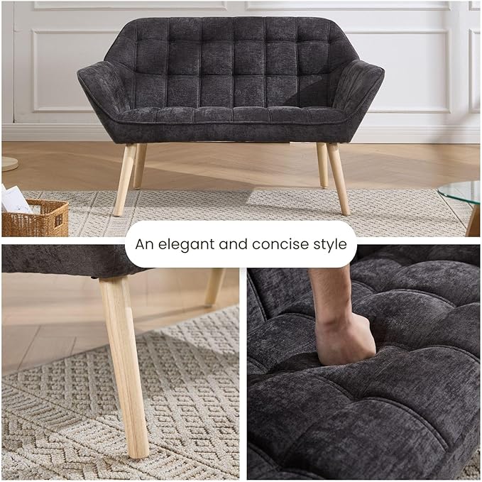 48" Small Couches for Living Room, Mid Century Modern Loveseat with Wood Legs 2-Seat Chenille Upholstered Sofa Tufted Couches for Small Space, Apartment, Dorm, Dark Gray