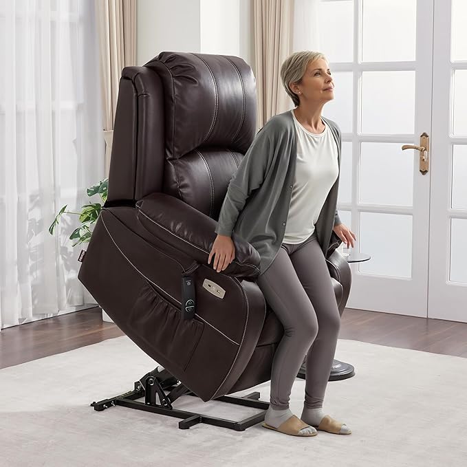 MCombo Small-Regular Power Lift Recliner Chair with Massage and Heat for Petite Elderly People, 3 Positions, 2 Side Pockets, USB Ports, Faux Leather 7408 (Dark Brown, Small-Regular)
