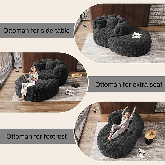 Oversized Chaise Lounge Chair Indoor with Ottoman 55" W x 75" L Round Reading Chair Plush Faux Fur Corduroy Cloud Circle Boneless Chair with 5 Pillows for Living Room - Grey