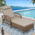 WINGTU Outdoor Chaise Lounge Chair, PE Wicker Long Recliner Patio Lounge Chair with Cushion, 6-Position Patio Reclining Sun Lounger with Adjustable Backrest for Poolside, Armrest & Pillow, Beige