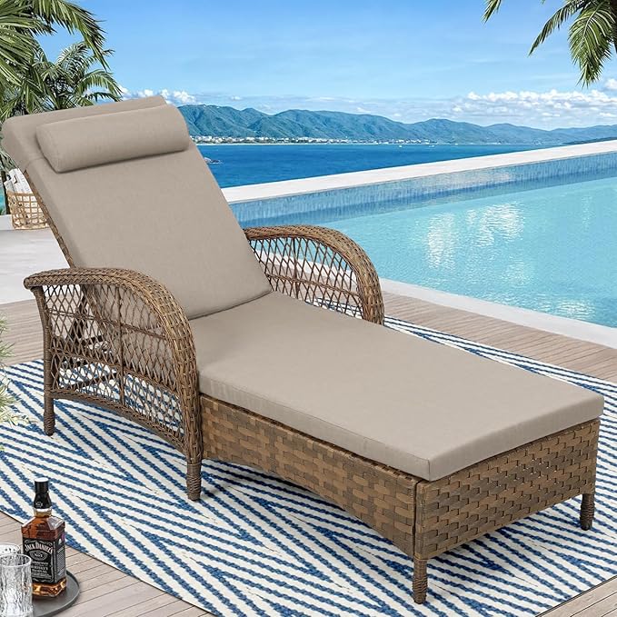 WINGTU Outdoor Chaise Lounge Chair, PE Wicker Long Recliner Patio Lounge Chair with Cushion, 6-Position Patio Reclining Sun Lounger with Adjustable Backrest for Poolside, Armrest & Pillow, Beige