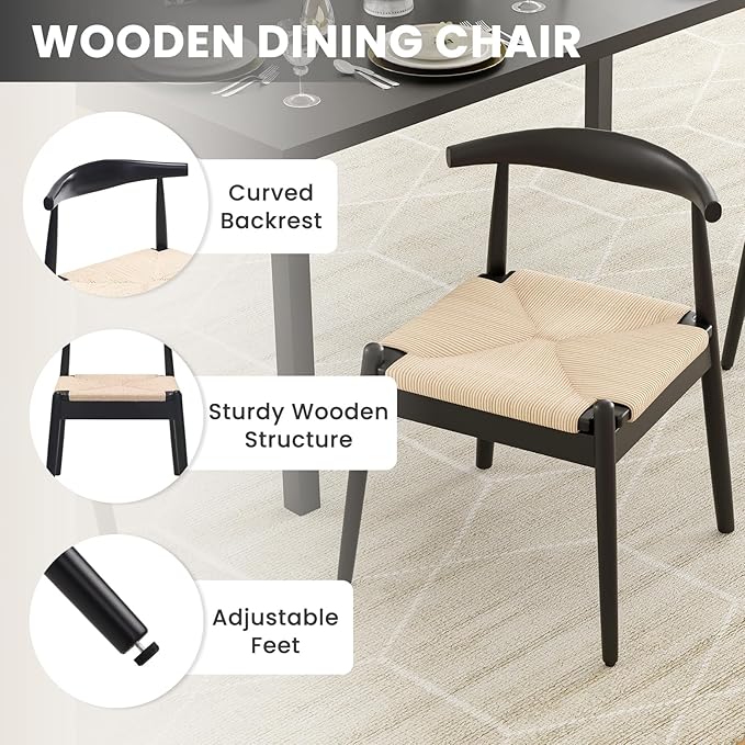 Farini Mid Century Modern Dining Chairs Set of 4, Solid Wood Frame Kitchen Chairs with Woven Upholstered Seat for Dining Room & Breakfast Nook,Black-Beige
