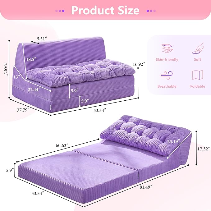 Hobestluk Sofa Couch Folding Sofa Bed Sleeper Comfy Floor Lounger Loveseat Sofa with Removable Cushion Couches Foldable Mattress for Living Room Bedroom or Office (Cordury Purple, Oversize)
