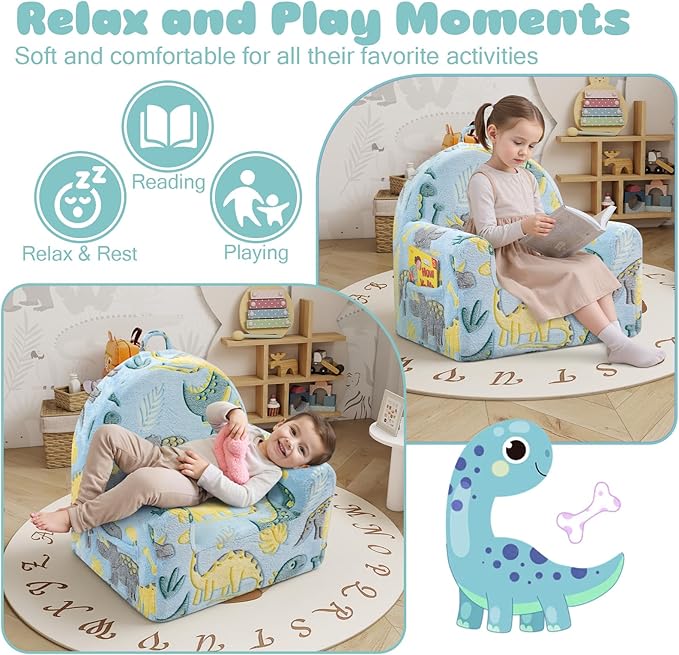 MeMoreCool Comfy Toddler Chair for 1-3 Years Old, Glow Dinosaur Kids Reading Chair, Soft Plush Toddler Armchair, Cozy Foam Lounge Kids Armchair for Baby Room, Living Room, Playroom, Reading Nook