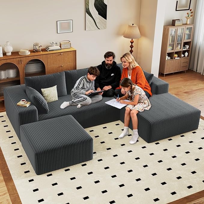 96" W Cloud Sectional Couch with Ottoman,Modern U-Shaped Cloud Couch with Deep Seat,Comfy Corduroy 3-Seater Sofa,Memory Foam Sofa for Living Room,No Assembly (Dark Grey,Right-Facing Chaise)