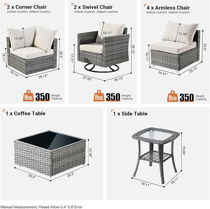 ovios Outdoor 10 Piece Coversation Set with Swivel Rocking Chair,Sectional Patio Furniture Set with All-Weather Wicker Sofa,Modern Outside Couch for Balcony Backyard Pool, Beige
