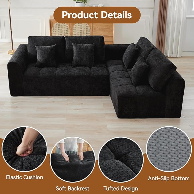 110''Modular Sectional Couches for Living Room, Cloud Boneless Compressed Sofa Right Facing Chaise, Oversized L Shaped 4 Seater Memory Foam Sofa, No Assembly, Chenille Black