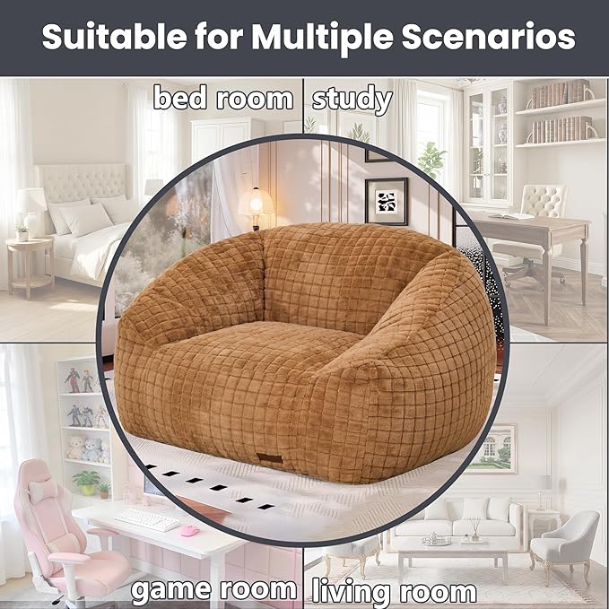 Bean Bag Chairs for Adults, Giant Beanbag Sofa Comfy Reading Chair, Oversized Bean Bag Chairs for Living Room Bedroom, Soft Faux Fur Fabric, 3.2FT, Khaki, Checkered
