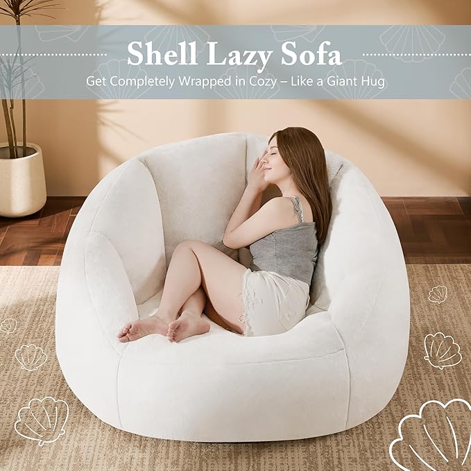 Giant Bean Bag Chaise Lounge Indoor Chair for Adults with Ottoman - Comfy Plush Round Shell Soft Accent Chair, Oversized Cozy Floor Sofa for Living Room, Bedroom & Game Rooms, Beige