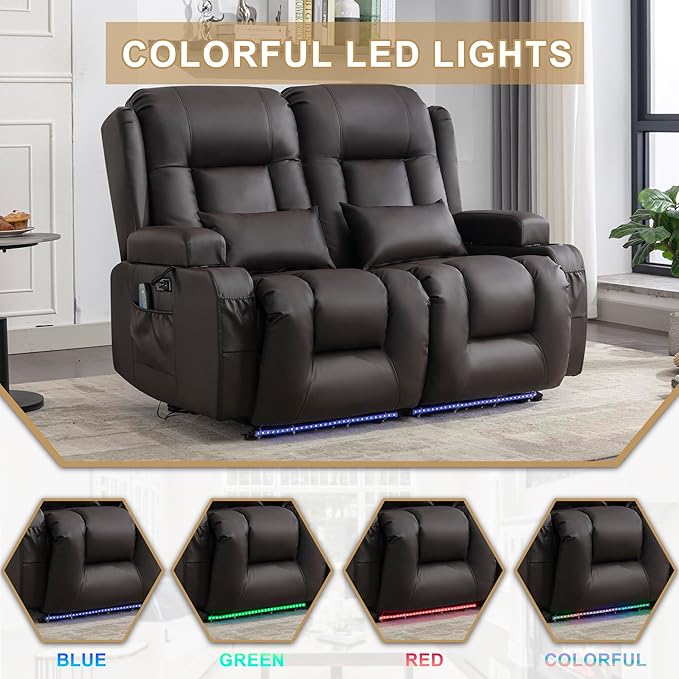 URRED Loveseat Recliner Sofa with Massage and Heat, Power Reclining Loveseat Sofa RV Couch Home Theater Seating with LED Lights, Cup Holders, Side Pockets, USB, Pillows, Faux Leather - Dark Brown