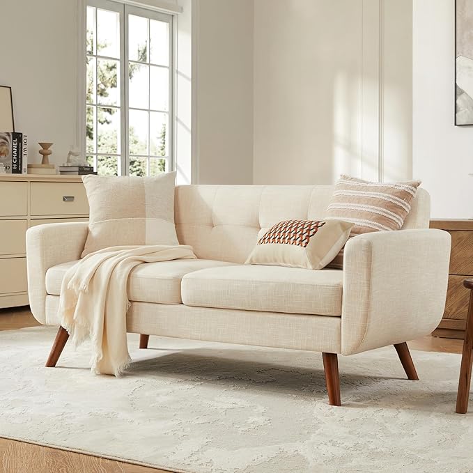 Tbfit 65" W Loveseat Sofa, Mid Century Modern Decor Love Seat Couches for Living Room, Button Tufted Upholstered Small Couch for Bedroom, Solid and Easy to Install Love Seats Furniture, Beige | linen fabric, button tufted, solid wood foot, pocket sprin...