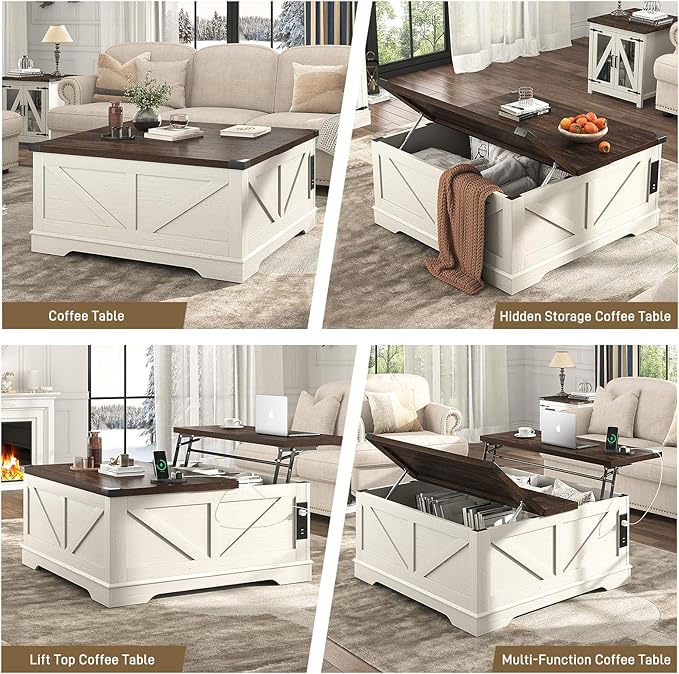 Hlivelood 40” Large Farmhouse Lift Top Coffee Table with Power Outlets and Large Hidden Storage, Square Wood Living Room Tables, Multi-Function Lift Wooden Barn Door Center Table, Rustic White