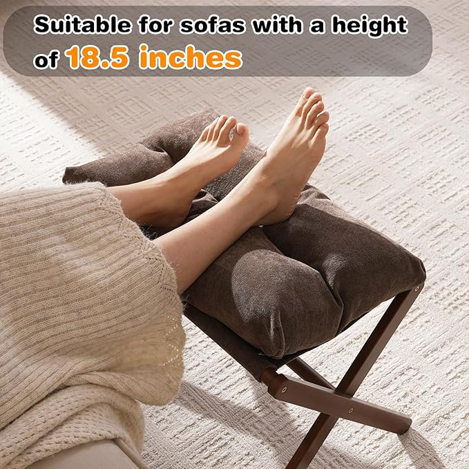 Folding Foot Stool, Small Accent Ottoman with Thick Cotton Cushion & Bamboo X Legs, Modern Padded Sofa Stool for Makeup Bedroom Living Room (Brown)