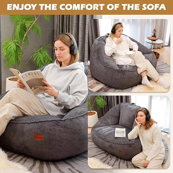 Giant Bean Bag Chair for Adults, Teens and Kids, Cozy Fluffy Corduroy Beanbag Chair with Filler, Large Floor Lounge Sofa for Living Room, Bedroom, Dorm, Gaming and Reading（L-Dark Grey）
