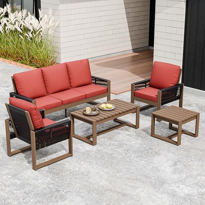 INTER HUT Rustic Hideaway Natural Cedar Wood Outdoor Furniture Set, Wicker Patio Conversation Set for Porch Garden Backyard, Couch, 2 Patio Chairs, Tables, 5 Piece, Brownish/Red