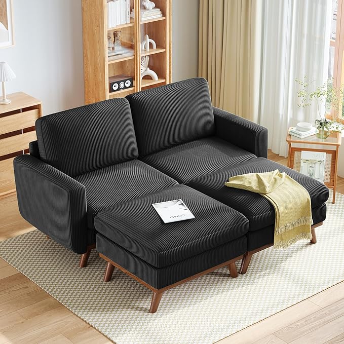 Vesgantti 68" Loveseat Sofa with Movable Ottoman, Comfy Corduroy Couch with Spring Cushion, Sofa Couch with Solid Wood, Modern Office Sofa with Deep Seat for Living Room and Bedroom, Black
