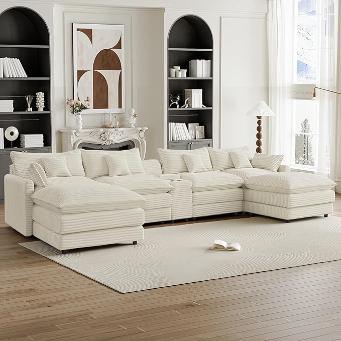 HYJT-H&K 145" U Shaped Cloud Couch Modular Beige Sectional Couches for Living Room, Comfy Fluffy Corduroy Oversized Cloud Sectional Couch Large 6 Seat Sectionals Sofa Set Central Console USB Port