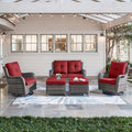 Belord 5 Piece Outdoor Patio Furniture Set - Wicker Furniture Patio Conversation Set, Outdoor Swivel Rocker Chairs with Loveseat Sofa and 2 Ottomans for Small Space, Red Cushion