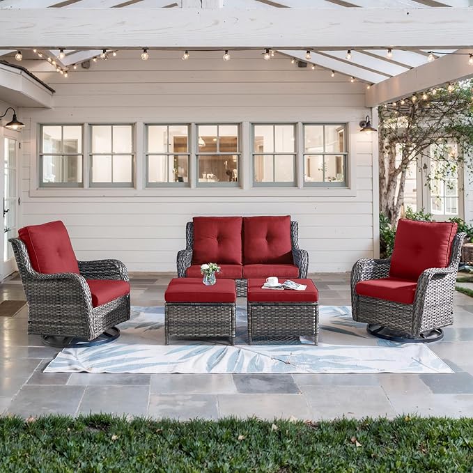 Belord 5 Piece Outdoor Patio Furniture Set - Wicker Furniture Patio Conversation Set, Outdoor Swivel Rocker Chairs with Loveseat Sofa and 2 Ottomans for Small Space, Red Cushion