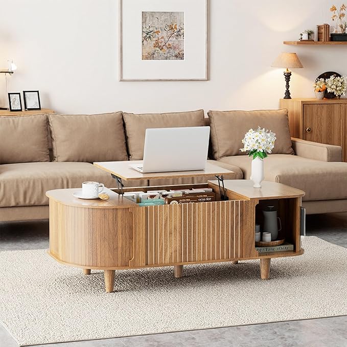 Oval Lift Top Coffee Table, Mid Century Modern Center Table with 3 Hidden Compartment, Coffee Tables with Storage Open Shelf and Sliding Cabinet Door for Home Living Room Office (Walnut)