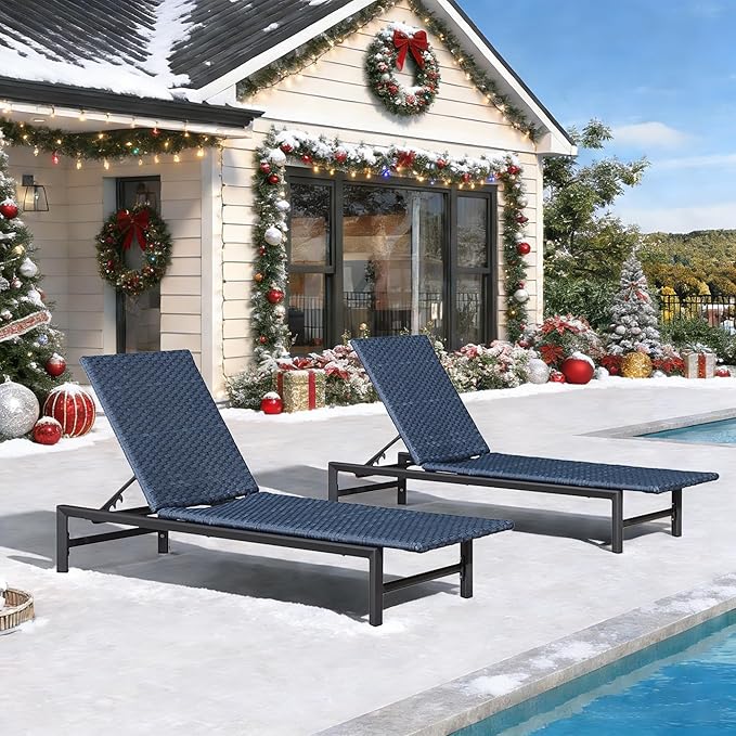 PURPLE LEAF Patio Chaise Lounge Chairs Outdoor Set of 2, Wicker Pool Lounge Chairs for Outside with Adjustable Backrest, Aluminum Sunbathing Lounger for Patio, Poolside, Garden, Navy Blue