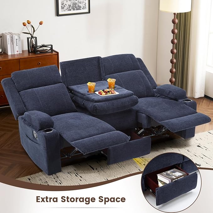 PALLOME Chenille Reclining Sofa 3-Seater with Convertible Table, Storage Ottoman & Cup Holders | Modern Space-Saving Couch, Ergonomic Living Room Furniture (Blue)