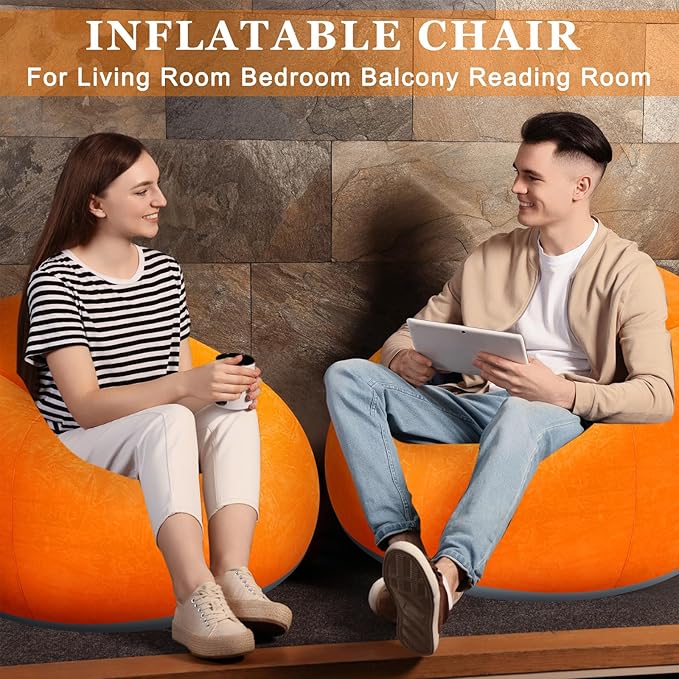 Realspring 2 Pcs Inflatable Bean Bag Chairs with Electric Air Pump Outdoor Blow up Chair Inflatable Lazy Sofa Folding Portable Loungers Couch for Living Room Bedroom(Orange)