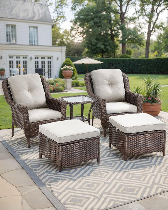 ACTREST 3 Piece Patio Brown Wicker Chairs with Side Table - Outdoor High Back Heavy Duty All-Weather Lawn Dining Rattan Chair Conversation Bistro Set for Deck Porch Balcony Backyard Garden - Beige