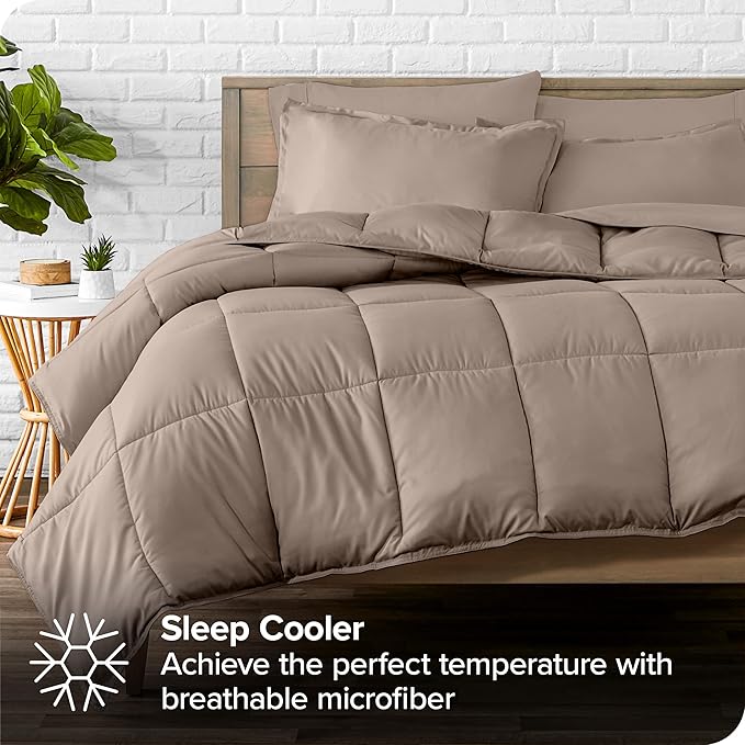 Bare Home Bed-in-A-Bag 7 Piece Comforter & Sheet Set - Queen - Goose Down Alternative - Ultra-Soft 1800 Premium - Bedding Set (Queen, Taupe/Taupe)