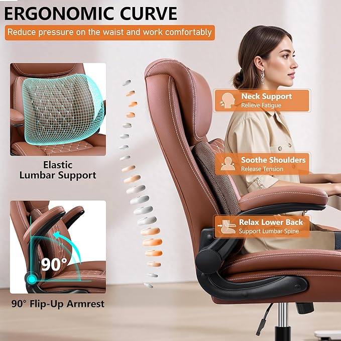 BESTFAIR Office Chair,Ergonomic Office Chair with Lumbar Support for Lower Back Pain Relief, Executive Leather Chair with Padded Flip-up Arms, Wheels and Adjustable Armrests, Brown