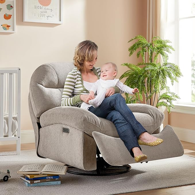 VANOMi Power Recliner Chair with Charging, 270° Swivel Glider Rocker, Electric Nursery Recliner for Living Room, Bedroom, and Office, Camel, Set of 2