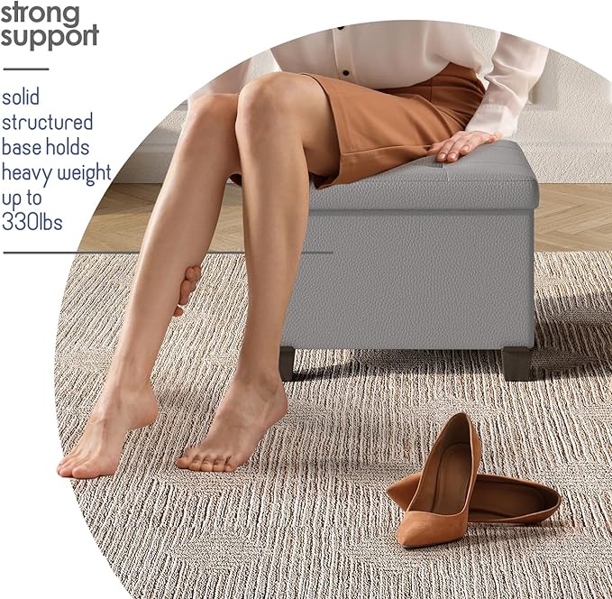 Storage Ottoman Cube with Small Bin, 16-in Square Ottoman with Storage for Living Room and Bedroom, Small Ottomans Foot Rest, Faux Leather Foot Stools Ottomans Max 330lbs, Light Grey