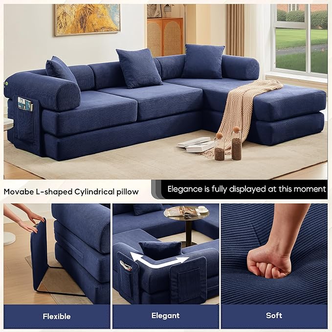 L Shaped Convertible Modular Boneless Sofa Bed with Cylindrical Pillow, Corduroy Folding Floor Sofa Couch Bed with Fixed-Shape Frame & Storage Pocket for Living Room, Blue