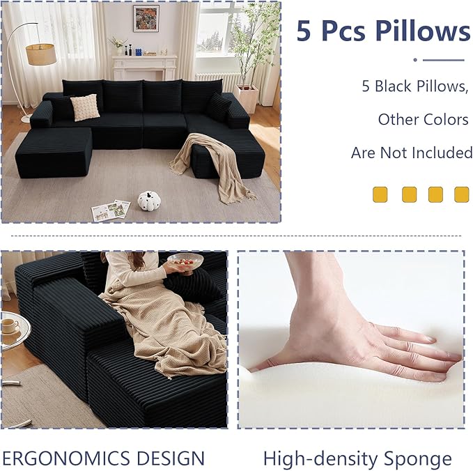 135.4" W Cloud Sectional Couch with Ottoman,Modern U-Shaped Cloud Couch with Deep Seat,Comfy Corduroy 4-Seater Sofa,Memory Foam Sofa for Living Room,No Assembly (Black,Right-Facing Chaise)