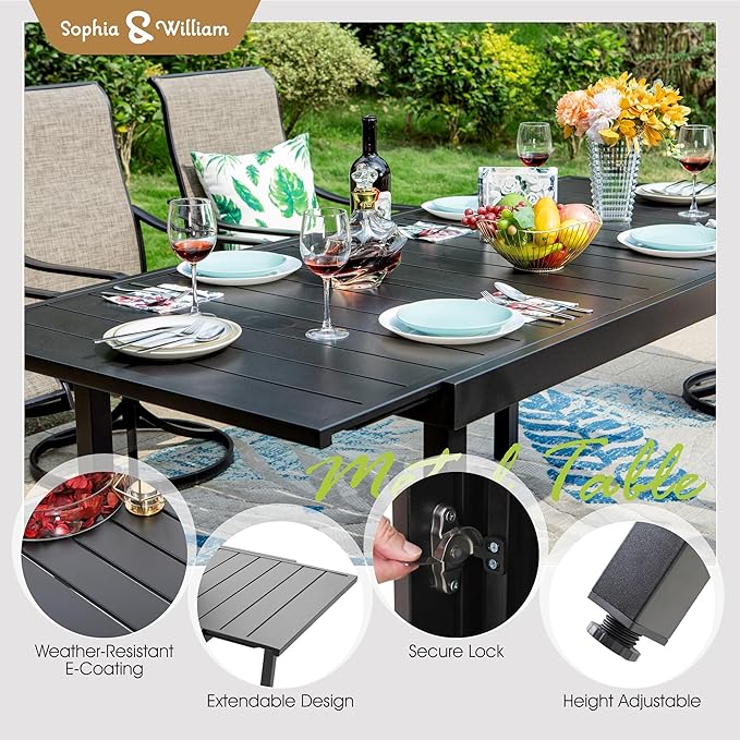 Sophia & William 7 Piece Outdoor Patio Dining Set, Patio Furniture Set with 6 Swivel High Back Patio Dining Chairs and Expandable Metal Table, Textilene Fabric for Backyard, Poolside, Balcony
